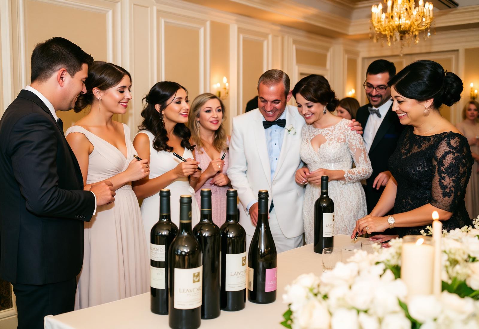 Wedding guests gathered around the signing table
